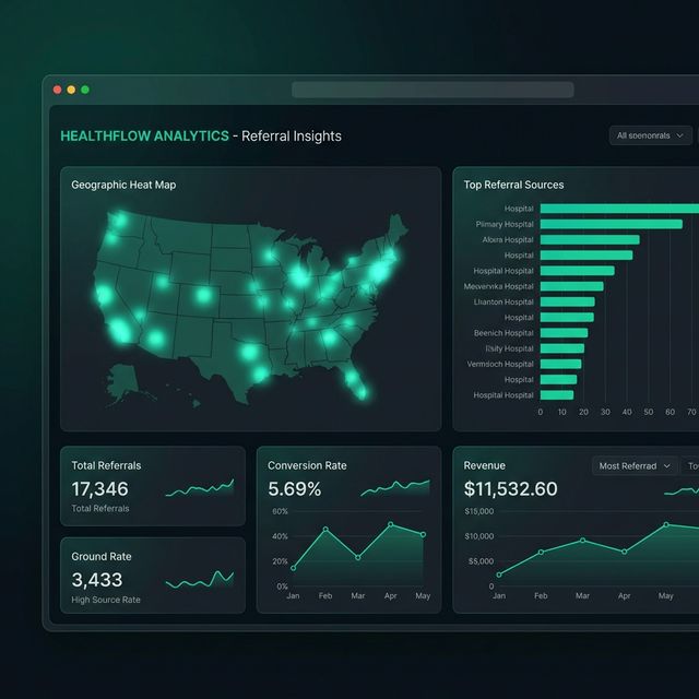 IntakeDesk analytics dashboard — geographic heat map, referrer leaderboard, conversion metrics, and trend charts