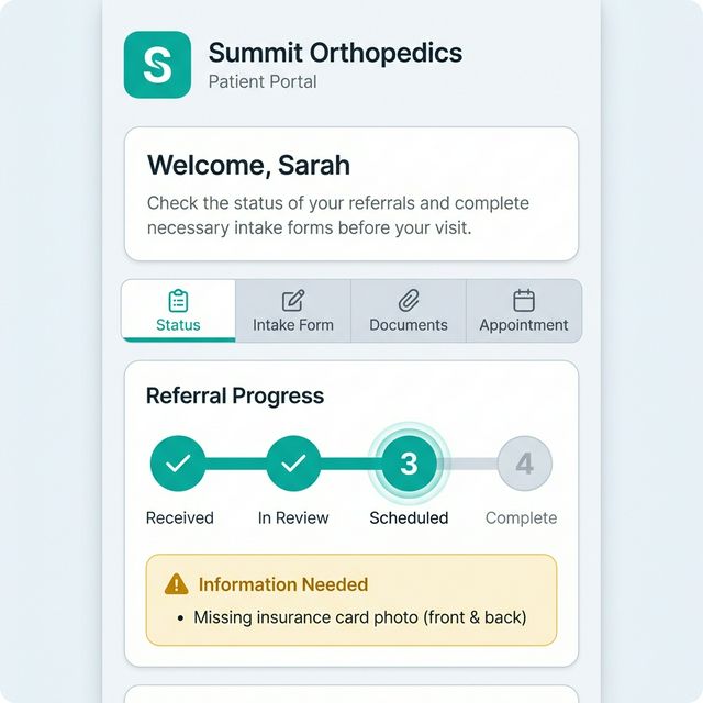 IntakeDesk Patient Portal — status tracking, intake forms, and document upload on mobile
